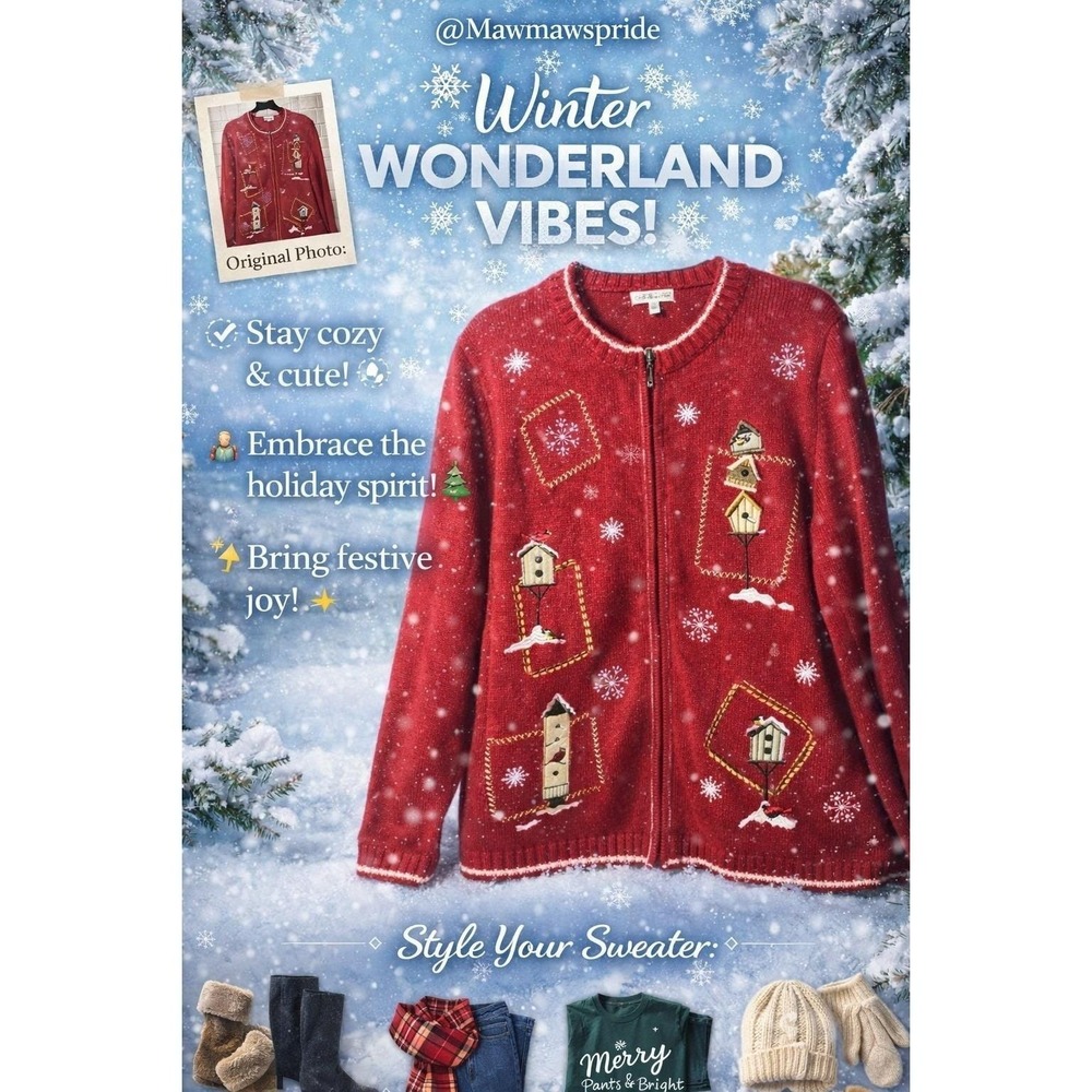 VINTAGE GRANDMACORE WINTER WONDERLAND VIBES XL Christmas  Zip Cardigan Sweater